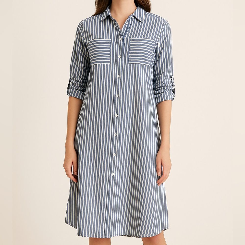 Monteau Blue and White Striped Midi Shirtdress